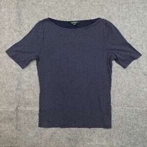Ralph Lauren Top Womens Large Half Sleeve‎ Polka Dot Navy Blue Boat Neck Preppy